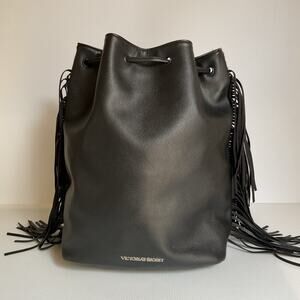 Victoria’s Secret Black Fringe Bucket Bag Faux Leather Drawstring Boho